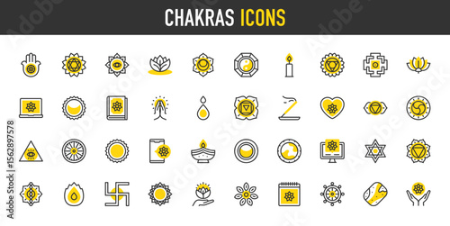 Chakras vector icons. such as Namaste, Inertia, Water, Book, Manipura, Heart, Eye, Muladhara, Svadhisthana, Laptop, Dharma Wheel, Lotus, Ajna, Earth, Eclipse, Fire, Incense illustration.