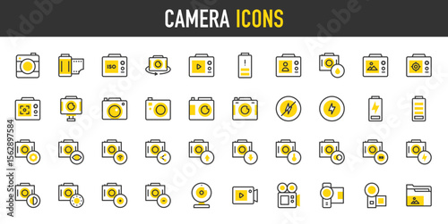 Camera vector icons. such as Video Camera, Photos, Battery, Picture, Flash, Camera Film, Cinema, Focus, Iso, No Flash, Play, Rotating, Selfie, Video Camera, Webcam illustration.	

