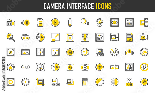 Camera interface vector icons. such as Flash , Crop, Zoom In, Low Battery, Micro Sd Card, Jpeg, Move Selector, Panorama, Camera Lens, Partial Metering, Hdr, Burst Mode illustration.	
