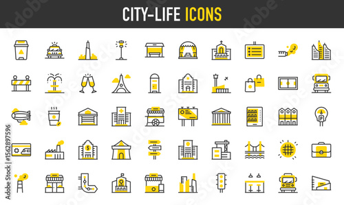 City-life vector icons. such as Chimney, Construction, Briefcase, Bridge, Factory, Shopping Mall, Muffler, Street Light, Houses, Garage, Police Station, Traffic Lights illustration.	
