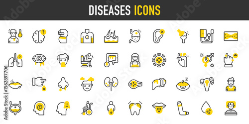 Diseases vector icons. such as Cartilage, Hallucination, Std, Hair Loss, Dehydration, Cervical, Drowsiness, Glaucoma, Paralysis, Alzheimer, Depression, Anemia, Kidney Stone illustration.