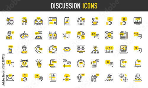 Discussion vector icons. such as Email, Telephone, Exchange, Private Message, Message Types, Headphone, Settings, Translation, Online Meeting, Anchor, Silence, Meeting illustration.	
