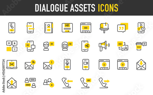 Dialogue assets vector icons. such as People , Phone, Dialogue, Mail, Phone Call, Smartphone, Social Media, Speech Bubbles, Girl, Envelope, Laptop, Phone Record, Window illustration.	
