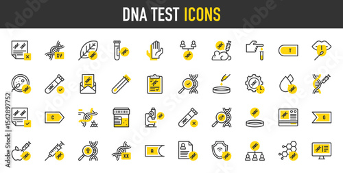 Dna test vector icons. such as Blood Test, Pcr Machine, Inheritance, Chromosome, Test Results, Biotechnology, Sperm, Mouse, Test Tube, Microscope, Cotton Swab, Structure illustration.	

