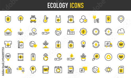Ecology vector stroke icons. such as Eye, Energy, Recycling Bin, Eco Factory, Sun Energy, Save The World, Heart, Eco Battery, Location Pin, Save Nature, Plastic Bag, Shield, Earth illustration.