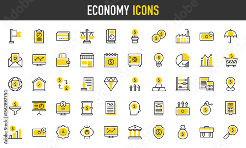 Economy vector icons. such as Business Report, Money, Mission, Income, Safebox, Certificate, Credit Card, Calendar, Factory, Store, Growth, Globe Grid, Document, Outcome illustration.	
