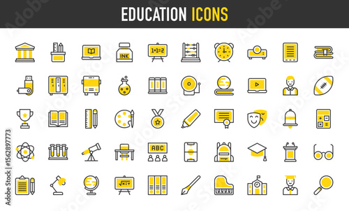 Education vector icons. such as Loupe, School, Trophy, Tutorial, Telescope, Chemical, Museum , School Bus, Degree, Mortarboard, Laptop, Student, Maths, Podium, Physics illustration.	
