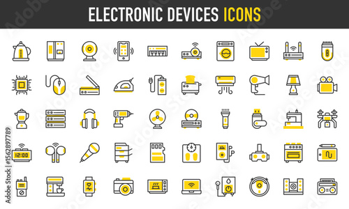 Electronic devices vector icons. such as Television, Microchip, Washing Machine, Air pods, Mouse, Router, Webcam, Smartwatch, Server, Graphic Tablet, Digital Watch, Drill illustration.