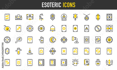 Esoteric vector icons. such as Pyramid, Fortune Teller, Sagittarius, Esoteric, Zodiac, Aquarius, Crystal, Dreamcatcher, Eclipse, Gemini, Hamsa, Aquarius, Hand, Hypnotic illustration.	
