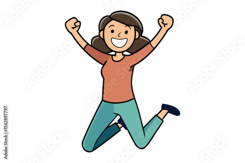 Energetic Leap of Joy: A cheerful woman leaps into the air, radiating pure happiness and infectious enthusiasm with her arms raised in triumph. capturing the essence of joy and the spirit of victory.