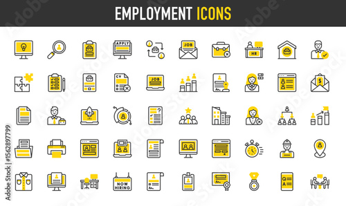 Employment vector icons. such as Puzzle, Best Employee, Task List, Shift, Document, Portal, Startup, Questionnaire, Goal, Worker, Hierarchy, Stopwatch, Selective, Job Offer illustration.