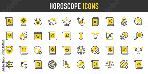 Horoscope vector icons. such as Water, Lion, Search, Scale, Tarot Card, Pisces, Taurus, Aquarius, Capricorn, Constellation, Crystal, Crystal Ball, Dreamcatcher, Earth illustration.	
