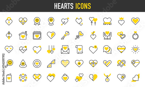 Hearts vector icons. such as Medal, Location Pin, Heart, Balloon, House, Calendar, Key, Lollipop, Ring, Heart illustration.	
