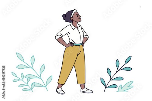 Self-Assured Woman: A determined woman with her hands on her hips, embodying confidence. She stands in a field of foliage, radiating strength. 