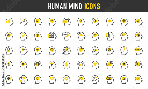 Human mind vector icons. such as Alert, Insecure, Protection, Security, Question, Analytics, Sad, Development, Brain, Sick, Happy illustration.	
