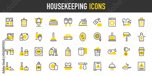 Housekeeping vector icons. such as Wet Floor, Towels, Laundry, Mirror, Electric Panel, Ceiling Lamp, Windows, Washing Dishes, Liquid Soap, Broom, Vacuum Cleaner, Wiping illustration.	
