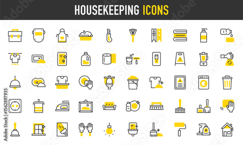 Housekeeping vector icons. such as Painting Roller, Welder, Washing Machine, Towel, Painting, Wet Floor, Cleaning, T Shirt, Liquid Soap, Electric Panel, Iron, Switch illustration.	
