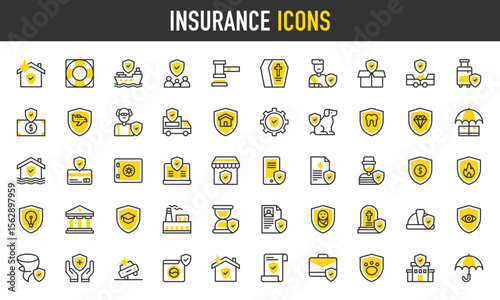 Insurance vector icons. such as Safe Box, Secure, Family, Education, Theft, Fire, Medical Report, Bank, Accident, Money, Car Accident, Factory, Dog, Fracture, Elder, Mobile illustration.