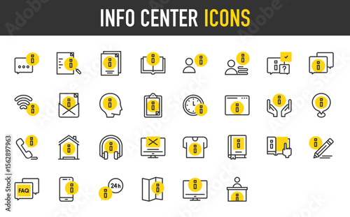Info center vector stroke icons. such as Info, Tshirt, Book, User, Open Book, Information Point, Pencil, Email illustration.	
