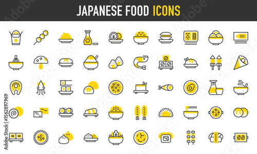 Japanese food vector icons. such as Matcha Tea, Shaved Ice, Prawns, Dim Sum, Uramaki, Tempura, Bento, Yakisoba, Miso, Kimchi, Dango, Shoyu , Mackerel, Maki, Mochi, Shiitake illustration.