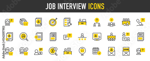 job interview vector icons. such as Candidate, Target, Speech Bubble, Hr, Offer, Files, Resume, Woman, Recruitment, Job, Interview, Candidate, Boy, Test illustration.	
