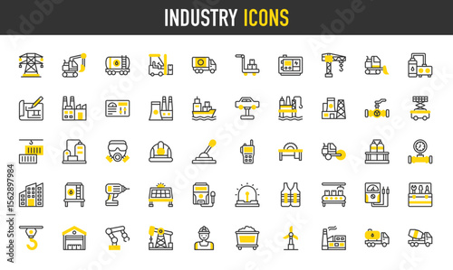Industry vector icons. such as Architecture, Boiler, Control Lever, Control Panel, Robot Arm, Electric Generator, Petroleum, Factory, Wood Cutter, Cargo Ship illustration.	
