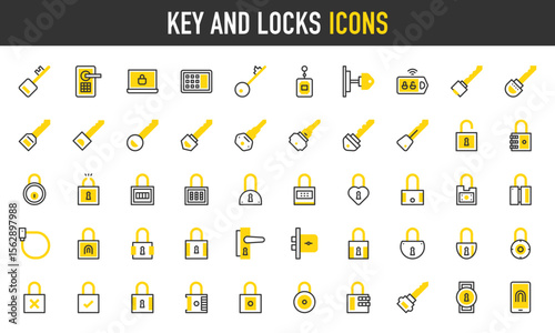 Set of Key And locks vector stroke icons. such as safety lock, door lock, key, lock, laptop lock, wifi lock illustration.	
