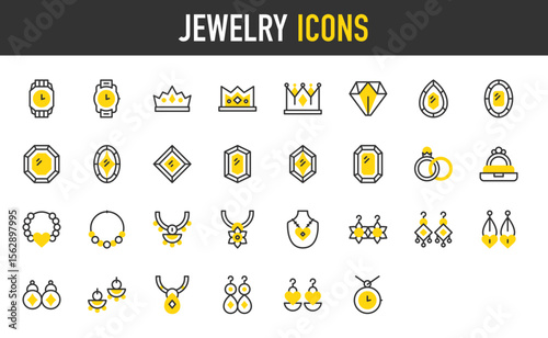 Jewelry vector icons. such as Diamond, Gem, Earrings, Necklace, Crown, Bracelet, Monarchy, Ring, Watch illustration.	
