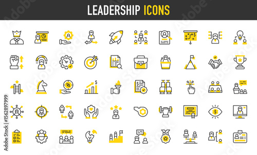Leadership vector icons. such as Task, Cooperation, Human Resources, Achievement, Data Analytics, Negotiation, Weight Lifting, Leadership, Support, Certificate, Brainstorm illustration.	