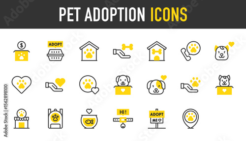 pet adoption vector icons. such as Pet House, Dog, Veterinary, Heart, Adopt, Telephone, Pawprint, Backpack, Cat Box, Pet Shelter, Fish Tank, Pet Collar, Box illustration.	
