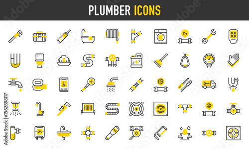 Plumber vector icons. such as Hose, Sink, Leak, Drain, Toilet, Washing Machine, Maintenance, Shower, Bathtub, Pipe, Frozen, Sprinkler, Water Heater, Cleaner, Meter, Clog illustration.	
