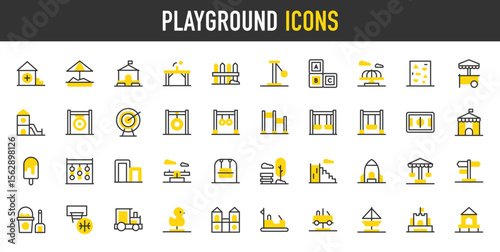 Playground vector icons. such as Spring Swing Car, Street Food, Ping Pong, Carousel, Toy Train, Direction Sign, Abc Block, Climbing Wall, Fences, Ball, Popsicle, Rings illustration.	
