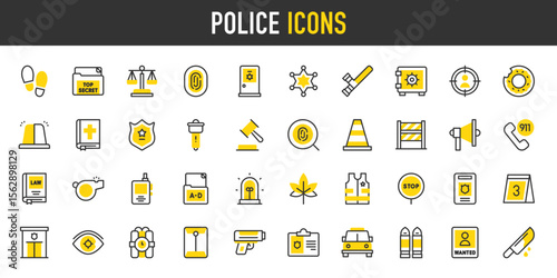 Police vector icons. such as Footprints, Safe Box, Justice, Eye, Target, Stop, 911 Call, Wanted, Bible, Top Secret, Megaphone, Police Station, Bomb, Envelope, Gun, Bullets illustration.	