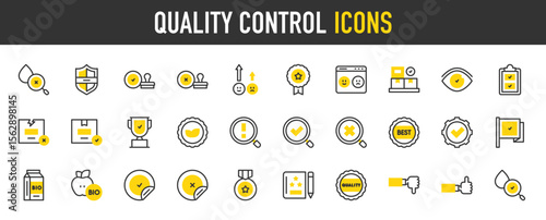 Quality control vector icons. such as Shield, Medal, Exclamation Mark, Checked, Rating, Badge, Box, Water Drop, Search, Bio, Checked, Eye, Quality, Search, Apple illustration.	
