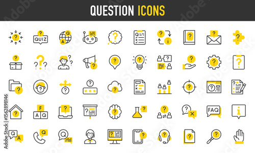 Question vector icons. such as QA, Quiz, Light Bulb, Question Sign, Chatbot, Confused, Magnifying Glass, Mystery, Wrong, Communications, Faq, Hand, Consulting illustration.	
