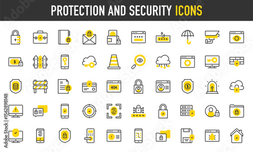 Protection And Security vector icons. such as Warning, Security, Malware, Home, Phone, Data Protection, Pattern Lock, System, Ftp, Find, Alert, Police, Email, Wallet illustration.	
