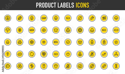 Product labels vector icons. such as Gmp, Frozen, Natural Dyes, Sulfate, Addictive, Best Quality, Natural, Sls, Eco Friendly, New, Keep Dry, Bio, Contain Egg, Bpa, Plastic illustration.	