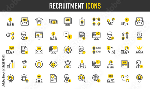 Recruitment vector icons. such as Job Offer, Goal, Interest, Faq, Selection, Information, Badge, Motivation, Compare, Information, Graduate, Rejected, Share, Candidate illustration.	
