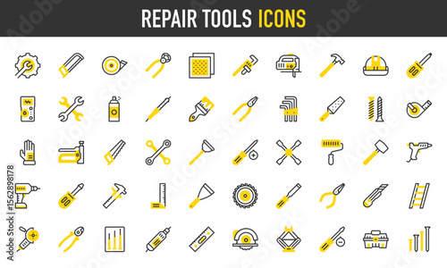 Repair tools vector icons. such as Repair, Paint Brush, Screws, Ladder, Wire Cutter, Screwdrivers, Drill, Level, Wheel Saw, Car Jack, Screwdriver, Toolbox, Nails, Handsaw illustration.	
