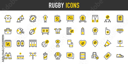 Rugby vector icons. such as Locker Room, Strategic Plan, Lighting, Football Jersey, Ticket, Sleeping Mat, Bench, First Aid Kit, Goal Post, Heart, Helmet, Hotdog, League illustration.