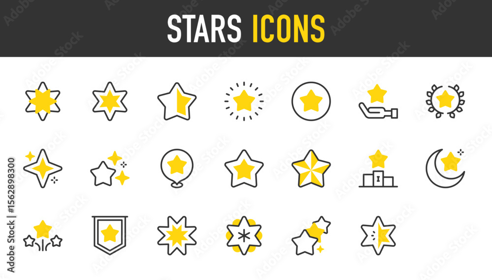 Fototapeta premium Stars vector stroke icons. such as Podium, Moon, Star, Pennant illustration. 