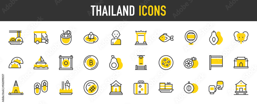 Thailand vector icons. such as Doi Suthep, Temple, Tuk Tuk, Buddhist, Suitcase, Fish, Avocado, Durian, Elephant, Giant Swing, Gong, Green Curry, House, Khanom Chan illustration.	
