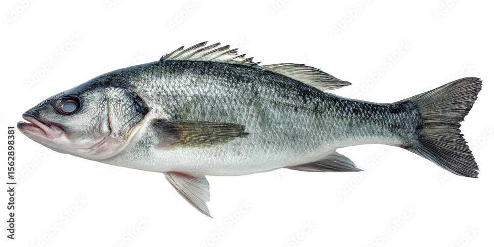 Fototapeta premium Silver Scales of the Sea: a close-up, expertly shot image capturing the sleek profile of a shimmering sea bass, its scales glistening with the subtle interplay of light and shadow.
