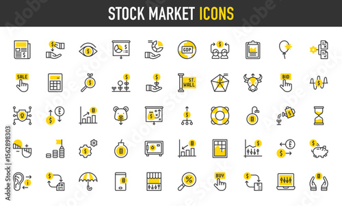 Stock market vector icons. such as Ratio, Protection, Benefit, Gdp, Transaction, Investing, Stock, Hourglass, Risk, Trend, Market Fluctuation, Newspaper , Bid, Find illustration.	
