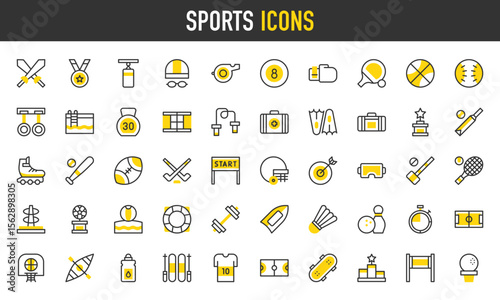 Sports vector icons. such as Start Line, Basketball, Dumbbell, Dart Board, Tennis, Criquet, Podium, Medal, Shuttlecock, Bowling, Reward, Tshirt, Boxing Gloves, Cricket illustration.	
