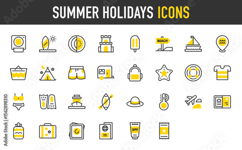 Summer holiday vector icons. such as Backpack, Camping Tent, Sun Protection, Ice Pop, Airplane, Canoe, Caravan, Fins, Hat, Lifesaver, Passport, Photo Camera illustration.	
