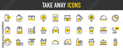 Take Away vector icons. such as Food Serving, Chinese Food, French Fries, Adress, Food Package, Soda Bottle, Pizza Slice, Food Container, Beer Can, Phone, Donut, Menu, Muff illustration.