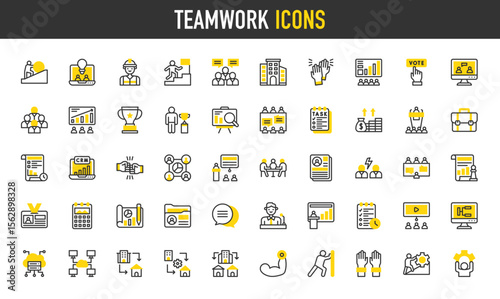 Teamwork vector icons. such as Effort, Push, Team, Planning, Analysis, Conflict, Chat, Meeting , Presentation, Task, Challenges, Schedule, Office, High Five, CRM, Hybrid illustration.	
