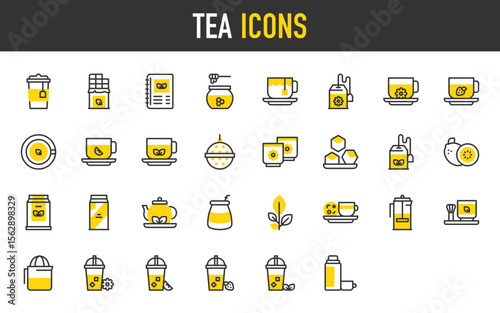 Tea vector icons. such as Tea Pot, Plant, Ice Tea, Sugar Cubes, Chocolate Bar, Matcha Tea, Mate, Menu, Milk, Takeaway, French Press, Tea Bag, Tea Cup, Tea Strainer, Honey illustration.	
