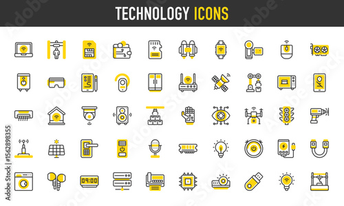 Technology vector icons. such as Hammer Drill, Water Heater, Pen Tablet, Air Conditioner, Smart Energy, Digital Wallet, Solar Panel , Sim Card, Power Bank, Green Energy, Fax illustration.